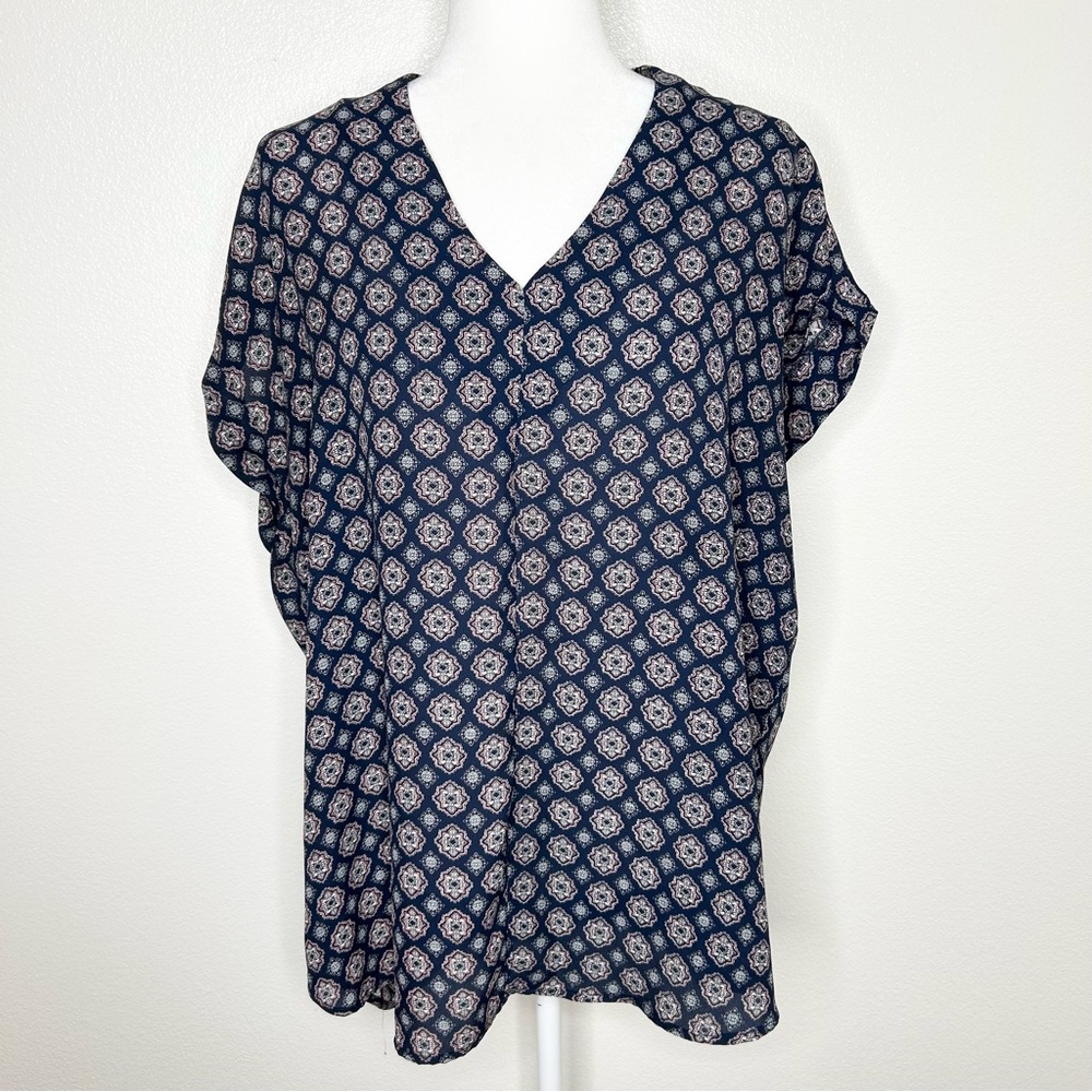 Pleione Womens Blue Patterned V-Neck Short Sleeve Tunic Top Size L EUC